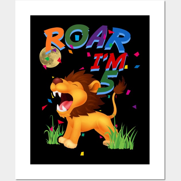 Kids 5th Birthday ROAR I'm 5 Year Old Shirt Boys Lion Safari Gift Wall Art by GillTee